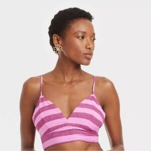 A New Day Striped Smocked Back Linen Blend Bra Top Bralette Medium
